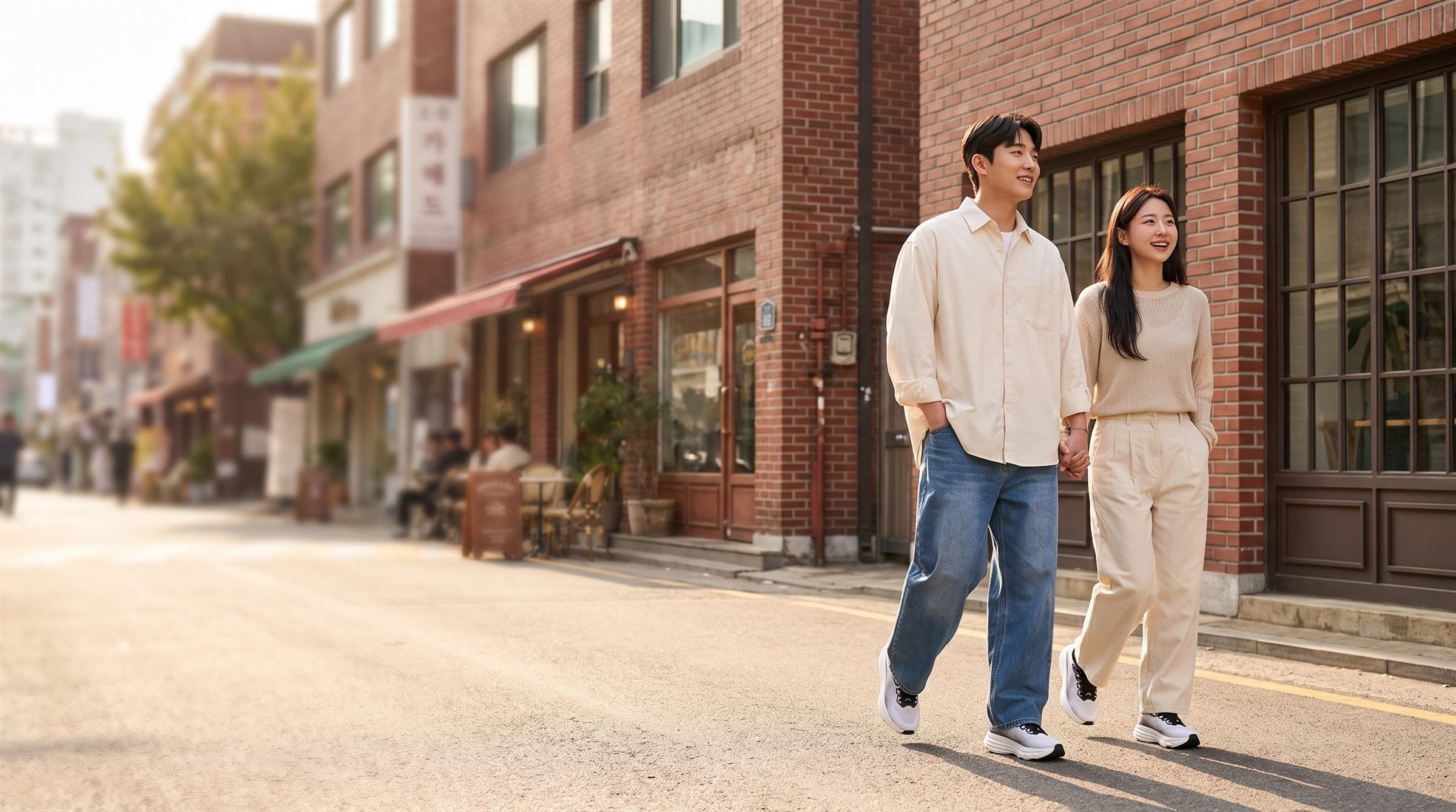 거리를 걷는 커플이 ROYAL SALAMAN 97118 스니커즈를 신고 있다
