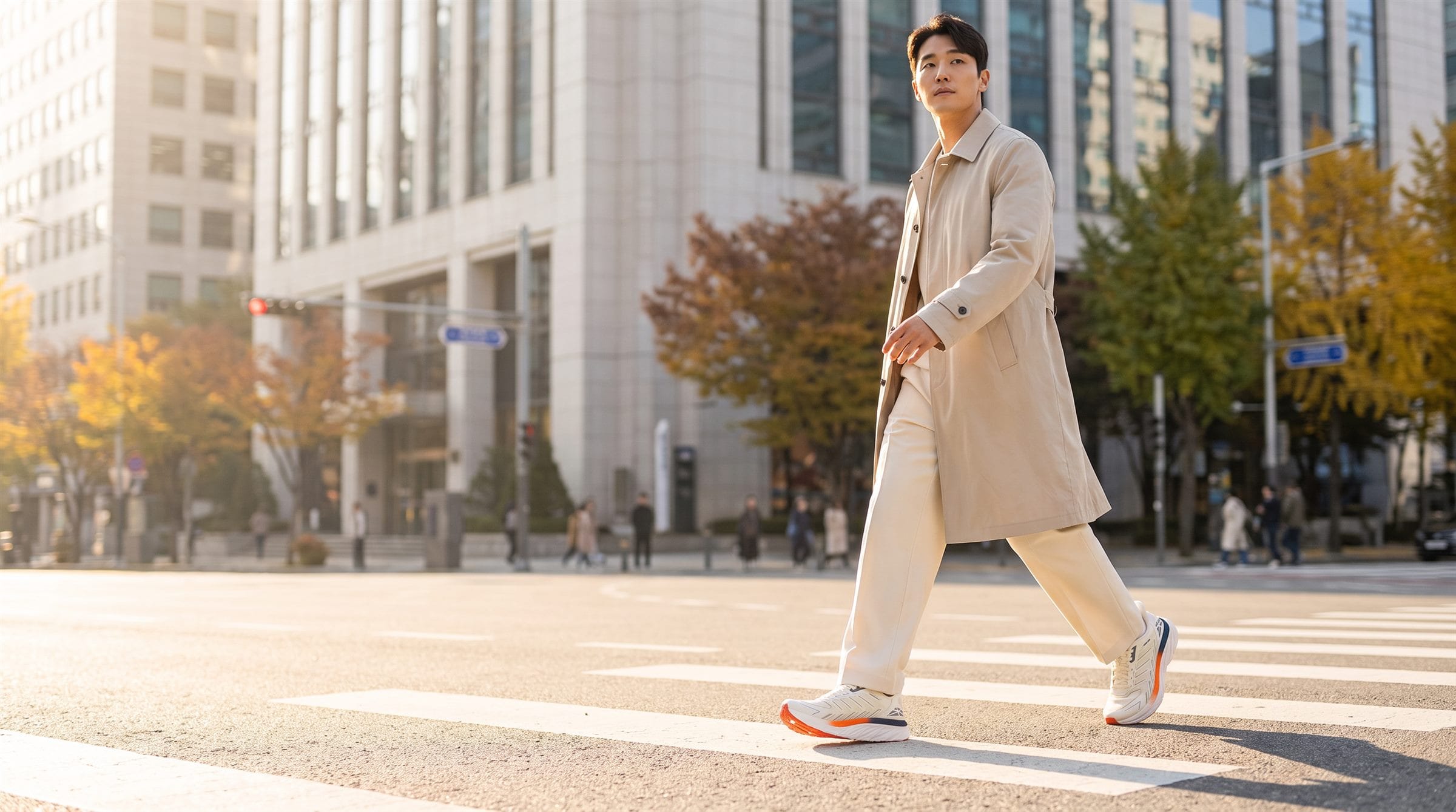 도심 횡단보도를 걷는 남성이 ROYAL SALAMAN 97066 스니커즈를 신고 있다